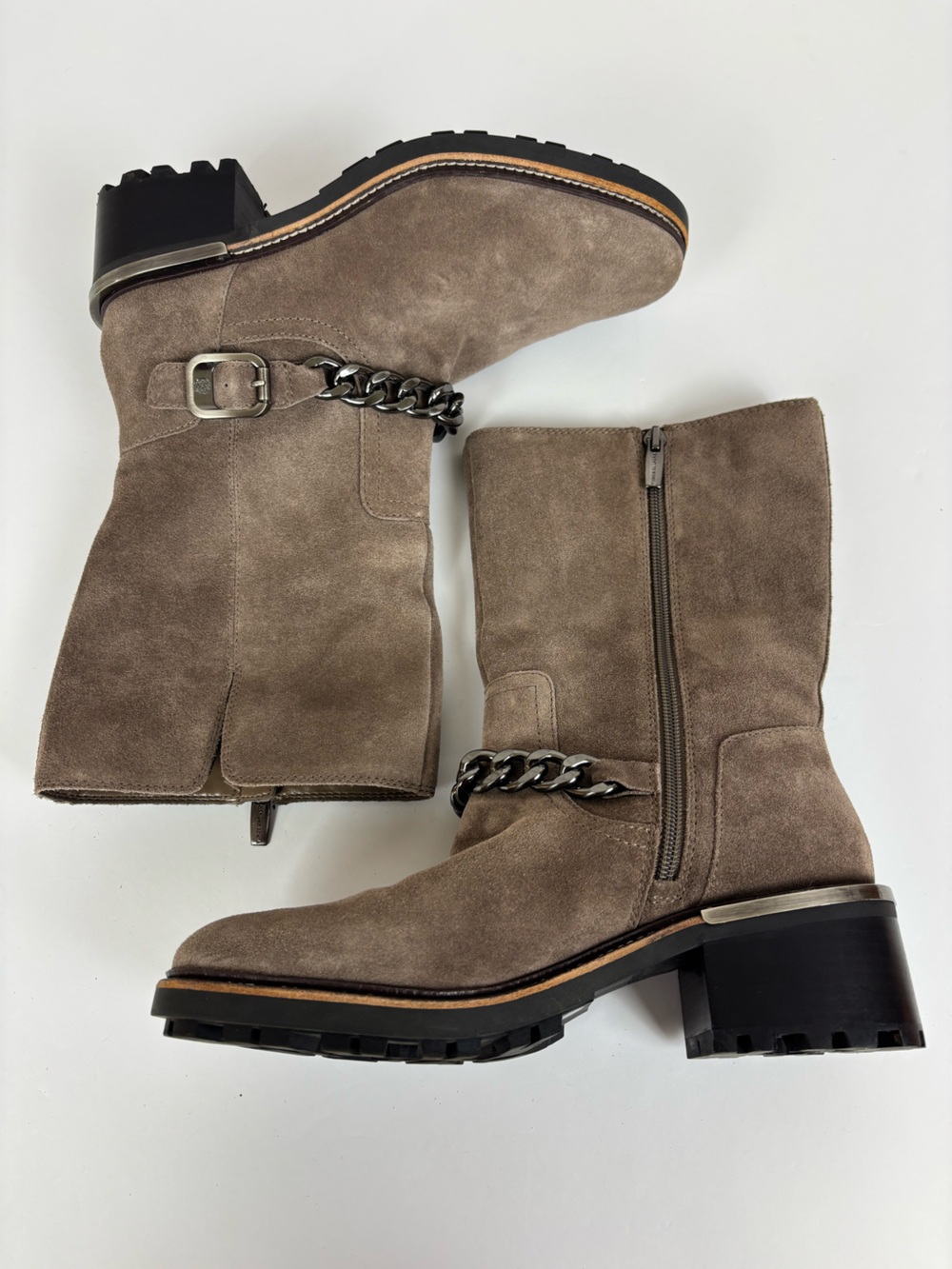 Vince Camuto Keshilla Suede Leather Chain Moto Chunky Boots Taupe Size 8.5 - Picture 9 of 14